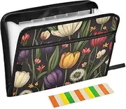 Quteprint 13 Pockets Expanding File Folder with Zipper Closure, Colorful Tulips Dandelions Accordion File Folder with Sticky Labels, Letter Size A4 Papers Expandable File Document Organizer