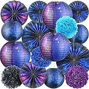 Hortsun 16 Pieces Galaxy Party Decorations Galaxy Print Paper Lanterns Paper Fans Paper Flowers Space Themed Hanging Lanterns Galaxy Themed Party Supplies Ceiling Decor for Home Birthday Party Decor