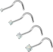 [Ruifan] ASTM F136 Titanium Nose Rings 18G 20G 22G White Opal Nose Studs Ring Screw L-Shaped Bone Hypoallergenic Body Piercing Jewelry for Women 1.5mm 2mm 2.5mm 3mm 4PCS