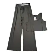 Amasoo 2 Piece Crop Top Ribbed Draw String Lounge Pant Set Army Green Large