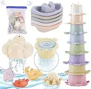 Chinloca Baby Bath Toys for 1-3 Year Olds, Kids Toddler Mold Free Floating Bath Toys, Sensory Bathtub Water Toys with Bath Boats/Stacking Cups/Squirt Toys/Storage Bag