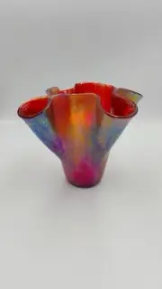 Glass Vase. Translucent red wispy and rainbow irid exterior. Free Shipping.