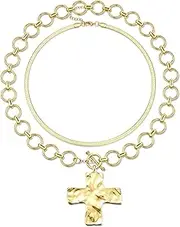 [Sanfenly] 18k Chunky Gold Necklace for Women Sweatproof, Non Tarnish Chunky Layered Chain Necklaces Thick Gold Layering Herringbone Paperclip Stacks Toggle Necklaces for Women Men