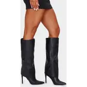 Black PU Point Toe Fold Over High Heeled Calf High Boots, Black