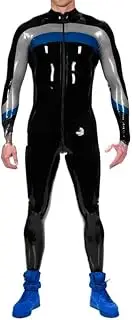 [DAIJES] Black and Silver Blue Latex Catsuit with Feet Socks Front to Back Crotch Zippers Rubber Bodysuit Zentai Overall