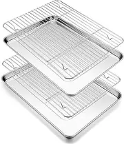 [P&P CHEF] 12.5 Inch Toaster Oven Pans with Racks, 4 Pieces Stainless Steel Oven Tray Baking Pan Sheet and Cooling Rack for Oven Cooking Roasting, Non Toxic & Dishwasher Safe