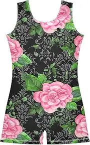 [ODAWA] Roses Green Leaves Floral Black Girl Leotard Gymnastics Biketard Unitard with Shorts Leotards for Girls 2-10 Years