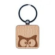 Peeking Owl Engraved Wood Square Keychain Tag Charm