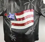 NEW Quacker Factory QVC 1X Black Leather Jacket/Coat Patriotic Sequin USA FLAG