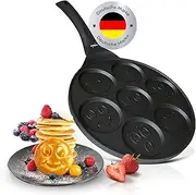 endusor Pancake Children's Pan with Smiley Fried Egg Pan Motif Diameter 26 cm with [PowerShield] Coating Induction Ceramic Gas Electric 7 x Mini Shape Maker Egg Pan for Pancakes Fried Egg Poffertjes