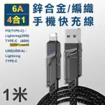 【翊承】TYPE-C/USB-A TO TYPE-C/LIGHTNING 6A四合一鋅合金編織手機快充線 標準一米線長 支援I-15系列