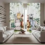 DOTOOMA Watercolor Animal Window Curtains Giraffe Lion Elephant Monkey Zebra Cartoon Nursery Bedroom Living Room Decoration Polyester Fabric Supplies 41x84 Inch Drapes 2 Panels