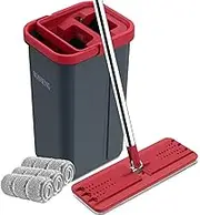 BOSHENG Mop and Bucket with Wringer Set, Hands Free Flat Floor Mop and Bucket, 3 Washable Microfiber Pads Included, Wet and Dry Use, Home Floor Cleaning System, Black and Red
