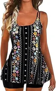 [Generic] Ladies U Neck Flower Printed Swimsuit Skirt Flat Bikini Black High Waisted Bikini