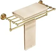 Bathroom Shelves Gold Towel Rack with Towel Bar, Vintage Brushed Brass Towel Shelf Holder, No-Drilling Wall Mounted Towel Organizer Towel Storage