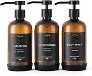 Janxin Shampoo and Conditioner Dispenser, Refillable 600ml Shampoo Bottles, Shower Dispenser with Waterproof Labels for Bathroom (Amber Bottles + Black Pumps)