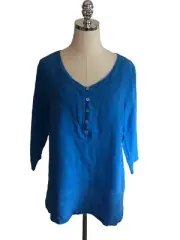 NEW Russ Berens 100% Linen Blue 3/4 Top Size SMALL Womens Lagenlook Shirt Blouse