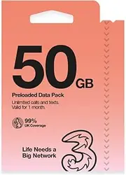 Three Mobile 50GB Data Pay as You go SIM