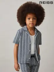 Reiss Blue Vallatta Zig-Zag Knit Cuban-Collar Shirt (F93799) | $55