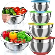 Mixing Bowls with Airtight Lids Set, 4 Stainless Steel Bowls Nesting Bowls & Colander, Kitchen Organizers and Storage Non-Slip Bottom, Size 1.5/2.0/2.5/4.0QT, Great for Mixing & Serving, Multicolor