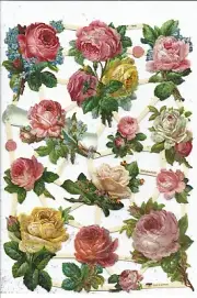 German SILVER GLITTER Embossed Scrap Die Cut - Beautiful Colorful Roses EF7448G