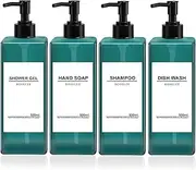 Roselee Set of 4 Soap Dispensers, 500 ml, Shower Soap Dispenser, Plastic Pump Dispenser with Funnel and Waterproof Labels, Shampoo Dispenser for Kitchen, Bathroom, Green