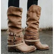 Women's Brown Faux Leather Mid-Calf Boots – Buckled Straps Rustic Rope Detailing, Vintage Style Western Boots for Casual Outdoor Wear
