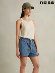 Reiss Mid Blue Isaac Lyocell Blend Denim Drawstring Shorts (172852) | $195