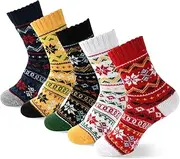 [YANGYANG] Wool Socks for Women, 5 Pairs Winter Warm Thick Crew Knit Socks Vintage Cozy Soft Cute Nordic Cabin Gifts
