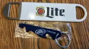 2 New Miller Lite Beer Bottle Openers, 1 With Key Ring, Can Opener And Punch Top