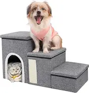 Dog stairs 3 steps, foldable pet stairs for small dogs cats, 4-in-1 pet stairs with climbing ladders for pets, cozy dog ​​house, storage space, cat scratching board, load capacity up to 82 kg