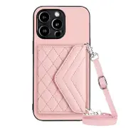 For iPhone 11 Pro Rhombic Texture Card Bag RFID Phone Case with Long Lanyard - Rose Gold
