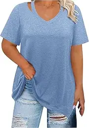 [Generic] Women Plus Size Tops Cut Out V Neck 3/4 Sleeve Blouses Casual Tunic Tops to Wear with Leggings 10 Star