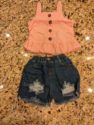 Toddler Girls Button Up Peplum Top With Ripped Denim Shorts pink 110 pink blue