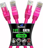 Maximm Cat 6 Ethernet Cable 7 Ft, (2-Pack) Cat6 Cable, LAN Cable, Internet Cable, Patch Cable and Network Cable - UTP (Pink) 7 Feet ethernet Cord