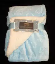 Etoile Blue Embossed Elephants Baby Blanket Off White Sherpa NEW