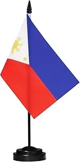 ANLEY Philippines Deluxe Desk Flag Set - 6 x 4 Inch Miniature Philippine Desktop Flag with 12" Solid Pole - Vivid Color and Fade Resistant - Black Base and Spear Top