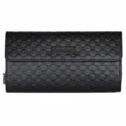 Gucci Signature Micro GG Black Fold Wallet Leather Purse Italy Zip Card Case NEW