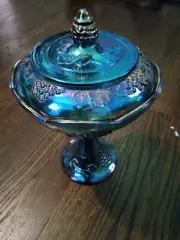 Vintage Indiana Blue Carnival Glass Harvest Grape Pedestal Bowl Candy Dish