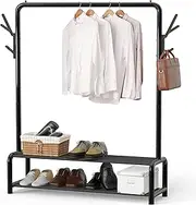 SimpleHouseware Clothes Rack with Storage Shelves and Coat/Hat Hanging Hooks, Black