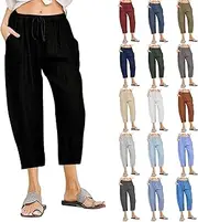 [Generic] Womens Casual Cotton Linen 3/4 Length Trousers,Baggy Elastic High Waist Drawstring Wide Leg Pants with Pockets Outdoor Lightweight Quick Dry Hiking Travel Pants 2024 Flowy Bottoms