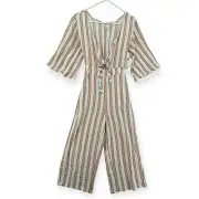 Billabong Link Up Jumpsuit Womens XS Striped Keyhole Tie Front 3/4 Sleeve NWT