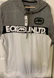 New Ecko Unlimited Mens Sz L Rhino Short Sleeve Hooded Tee Shirt White Gray Blk