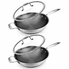 NutriChef 12" Stainless Steel Nonstick Cooking Wok Stir Fry Pan, Silver (2 Pack)