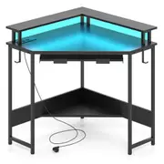 Costway LED Corner Computer Desk w/Charging Station Keyboard Tray Monitor Stand Hooks & Shelf Home Gaming Table Black