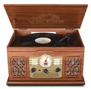 Victor State 7-in-1 Wood Music Center with 3-Speed Turntable and Dual Bluetooth