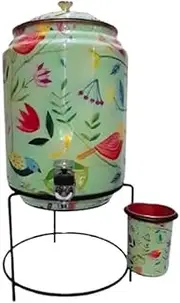 Ornate International Designer Pure Copper Pot Printed Design Water Dispenser Copper Water Dispenser Container Pot with Stand (8000 ml DISPENSER +350 glass) (Container/Matka/Tank)-(1 Piece, 8-Liter)