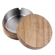 Wood Ashtrays with Lid Covered Windproof Ashtray with Stainless Steel Liner Indoor Outdoor Ash Tray Wood Color