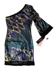 $285 NWT Hale Bob S Mini Dress Sequins Peacock One Shoulder Stretch Feathers