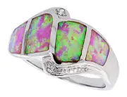 Women Silver Rhodium Plated Pink Simulated Opal Ring CZ stone Accents 14mm